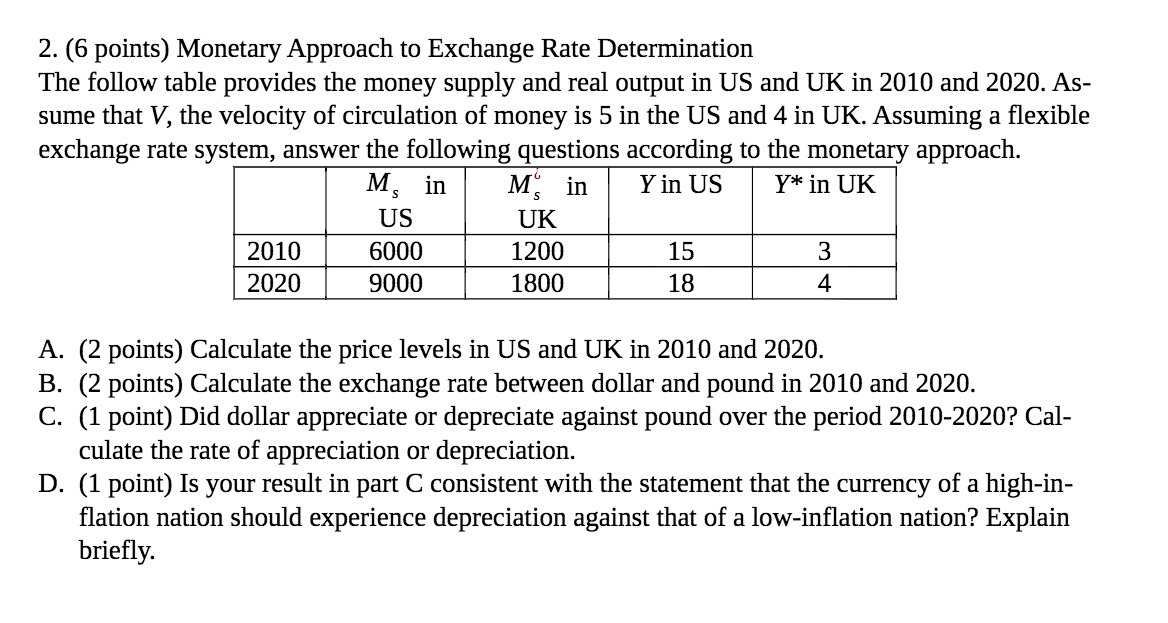 2. (6 points) Monetary Approach to Exchange Rate Determination The follow