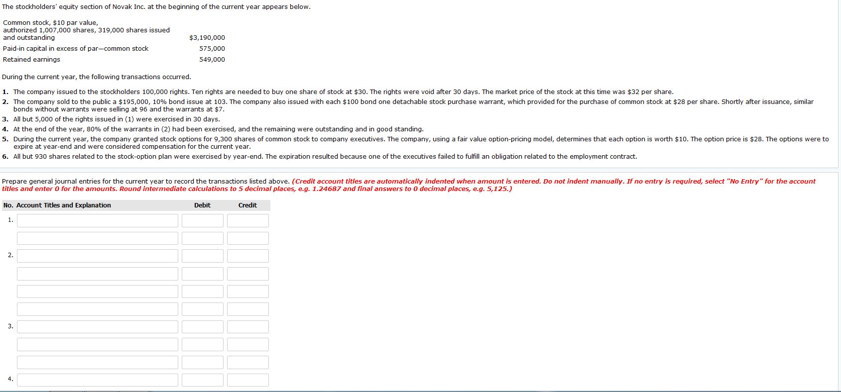 The stockholders' equity section of Novak Inc. at the beginning of the