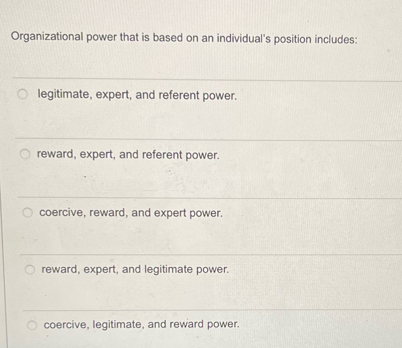 Organizational power that is based on an individual's position includes: O
