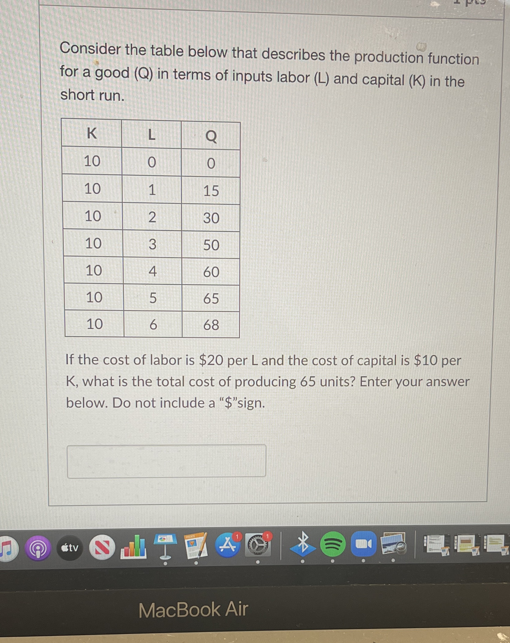  Consider the table below that describes the production function for a