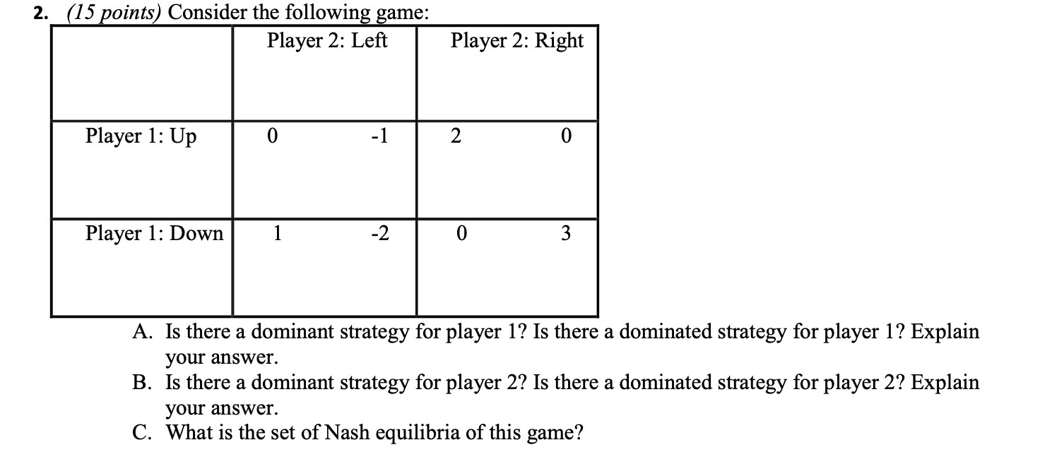  2. (15 points) Consider the following game: Player 2: Left Player
