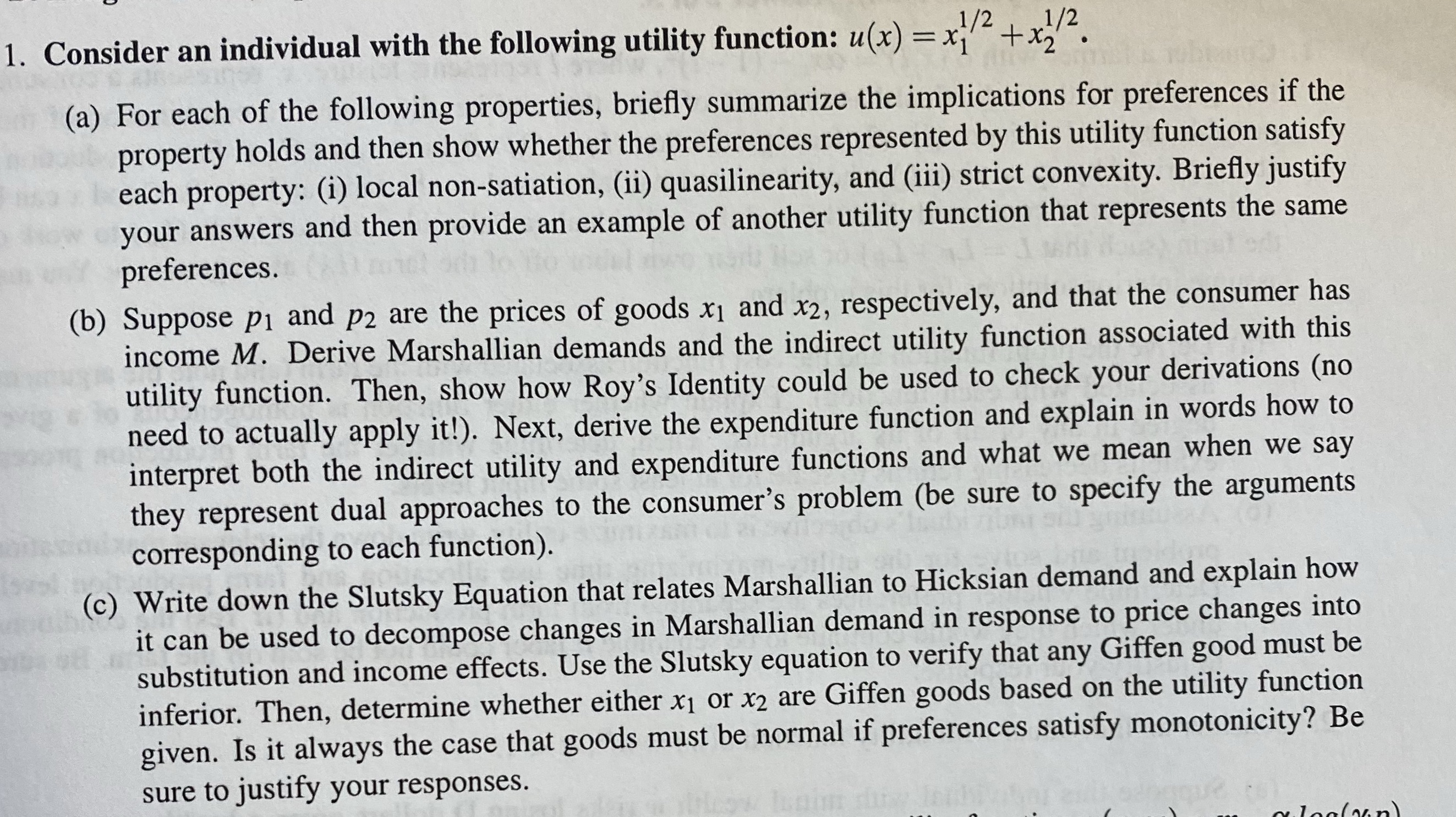 with the following utility function: u(x) = xi/z +x/2. (a) For each