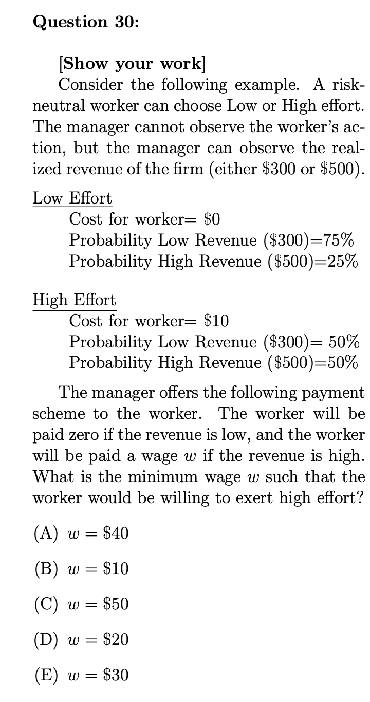  Question 30: [Show your work] Consider the following example. A risk-