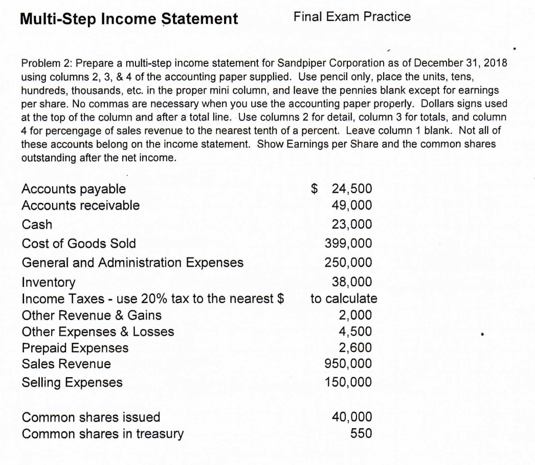  Could you please help me do a multi step income statment.