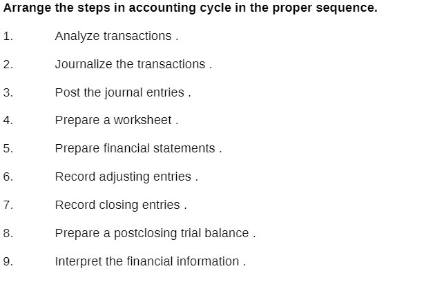 Arrange the steps in accounting cycle in the proper sequence. 1.