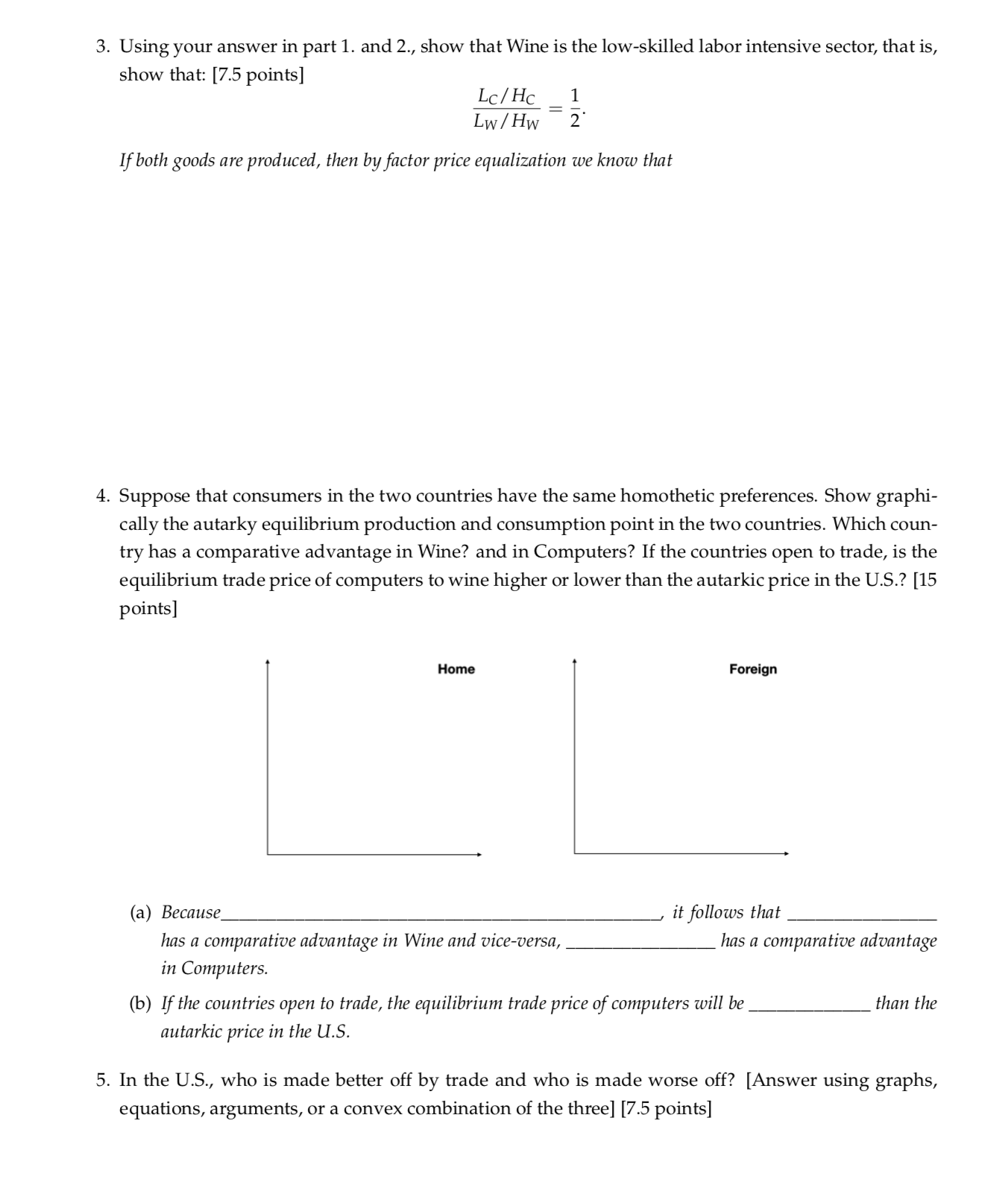 countries (the U.S. and France), two goods (computers (C) and wine (W)),