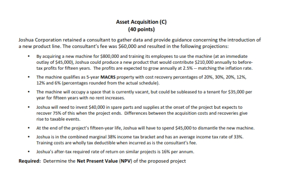  Pls provide answer with steps Asset Acquisition (C) (40 points) Joshua