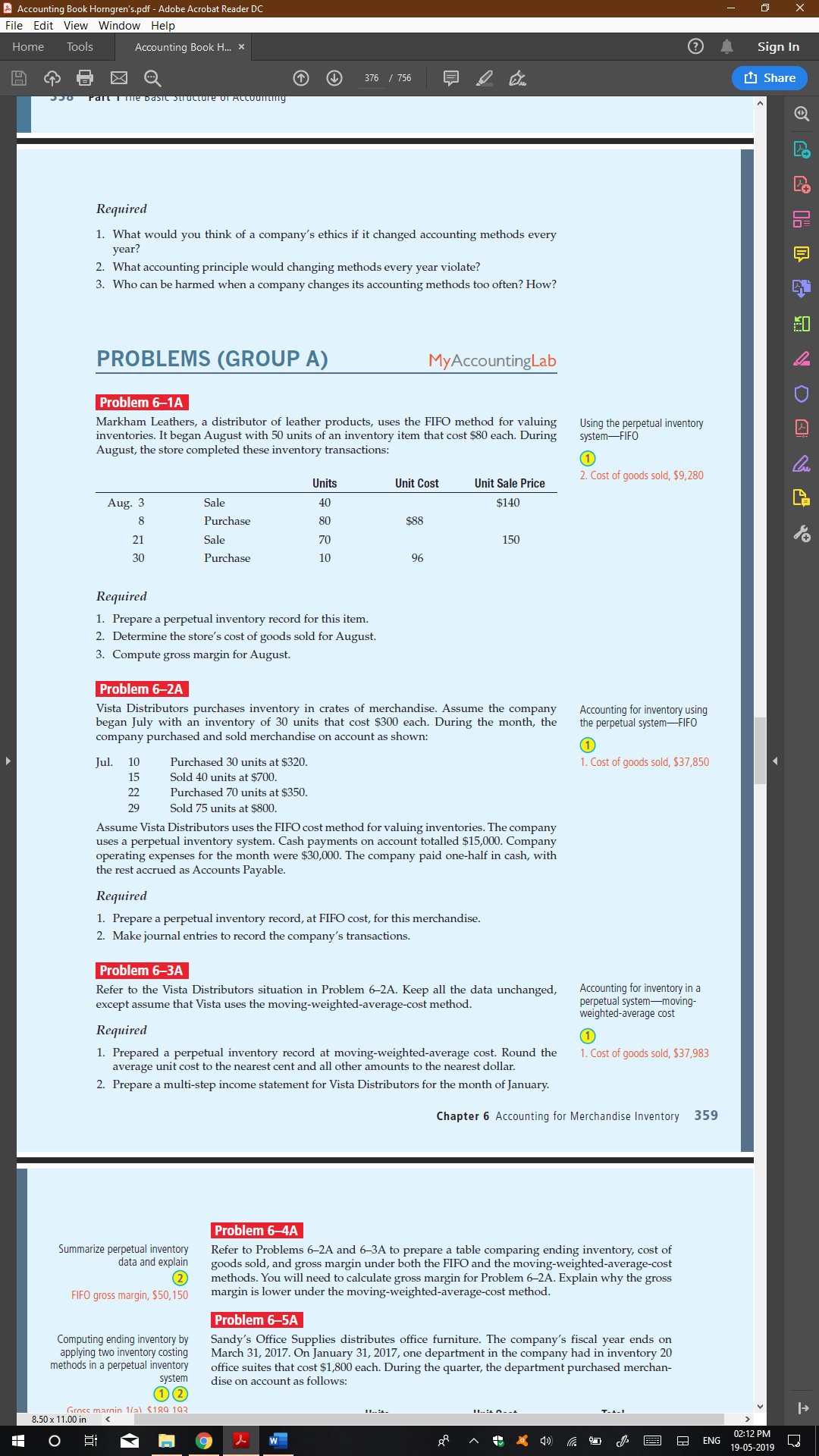  Problem 6-3A Required1. Prepared a perpetual inventory record at moving-weighted-average cost.