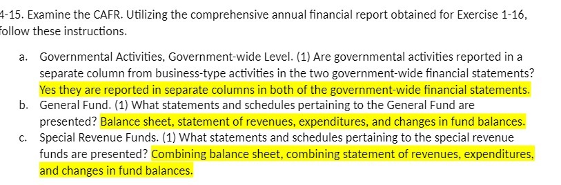 for Exercise 1-16, foliovlr these instructions. a. Govern mental Activities, Governmentwide Level.
