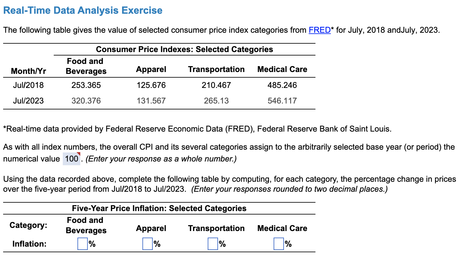 selected consumer price index categories from FRED* for July, 2018 andJuly, 2023.