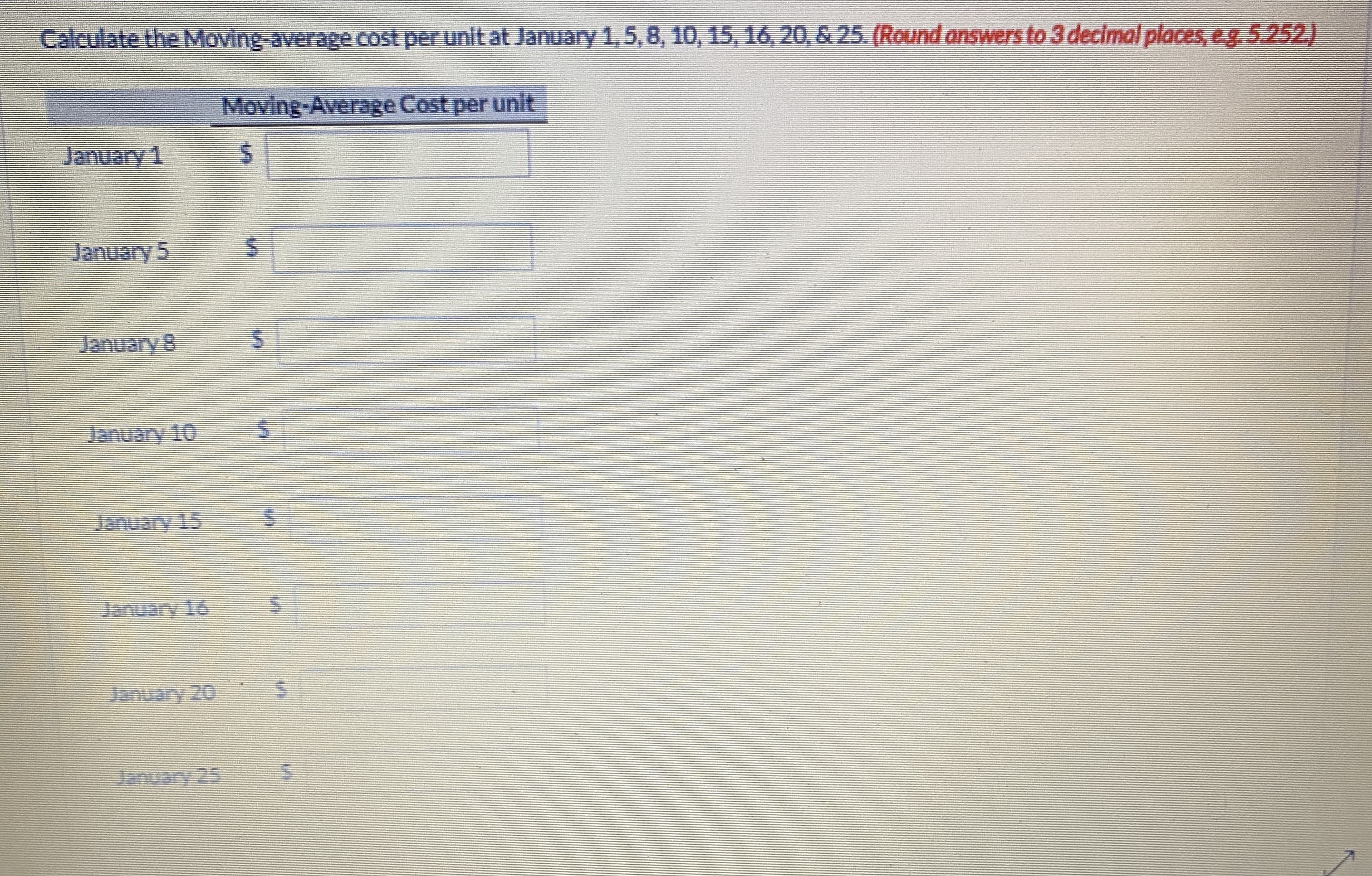 answers to 0 decimal places, e.g. 1,250.) LIFO FIFO Moving-average Cost of