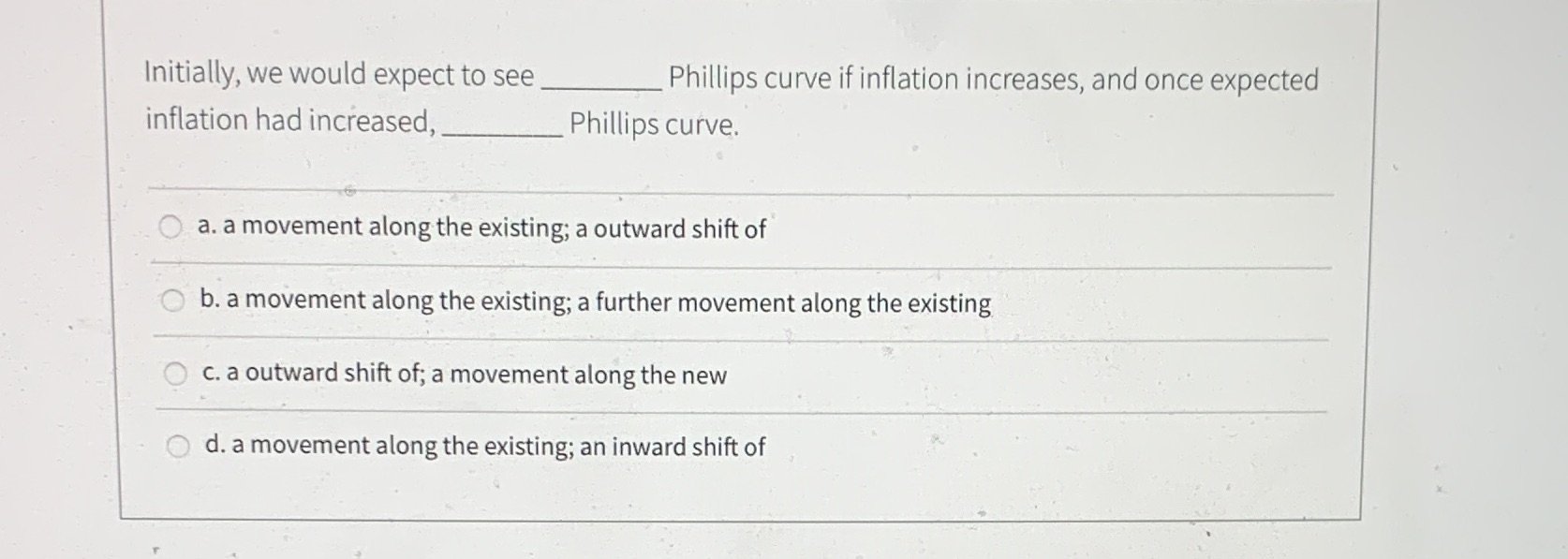 curve if inflation increases, and once expected inflation had increased, Phillips curve.