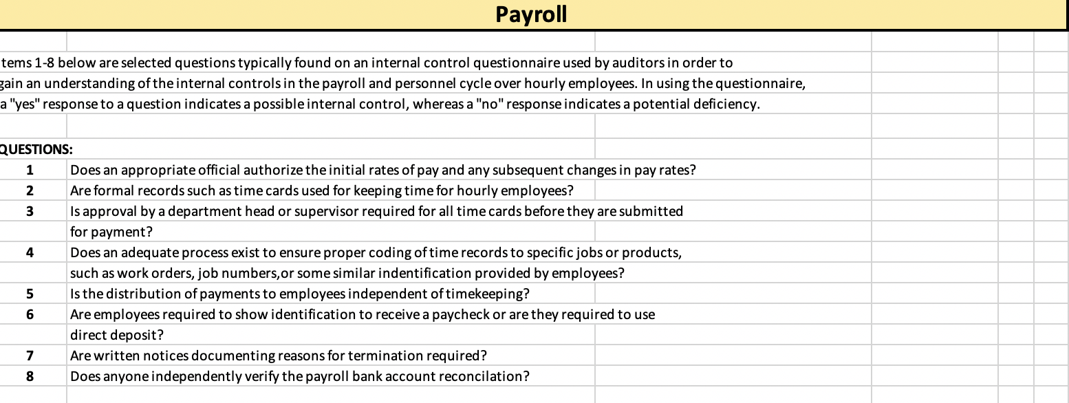  QUESTION: Payroll tems 1-8 below are selected questions typically found on