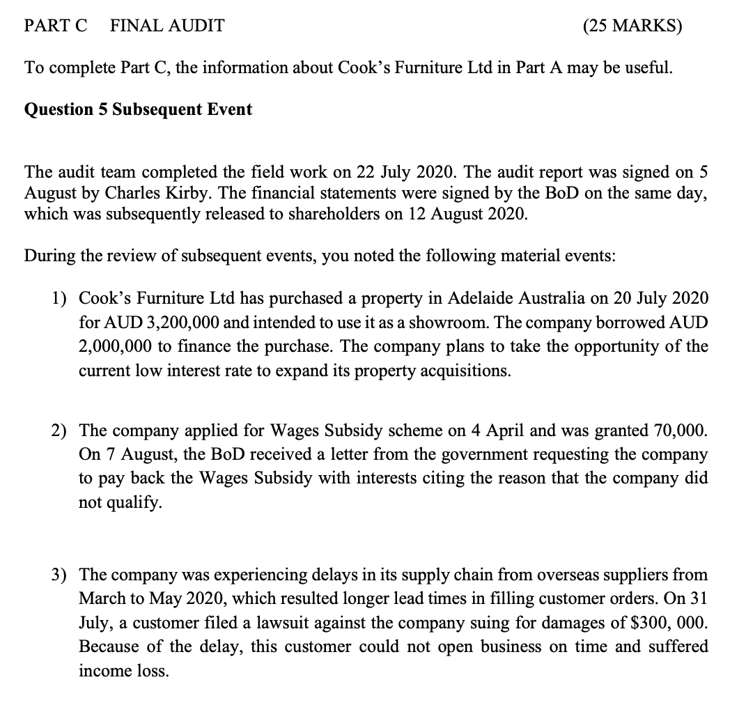 information about Cook's Furniture Ltd in Part A may be useil. Question