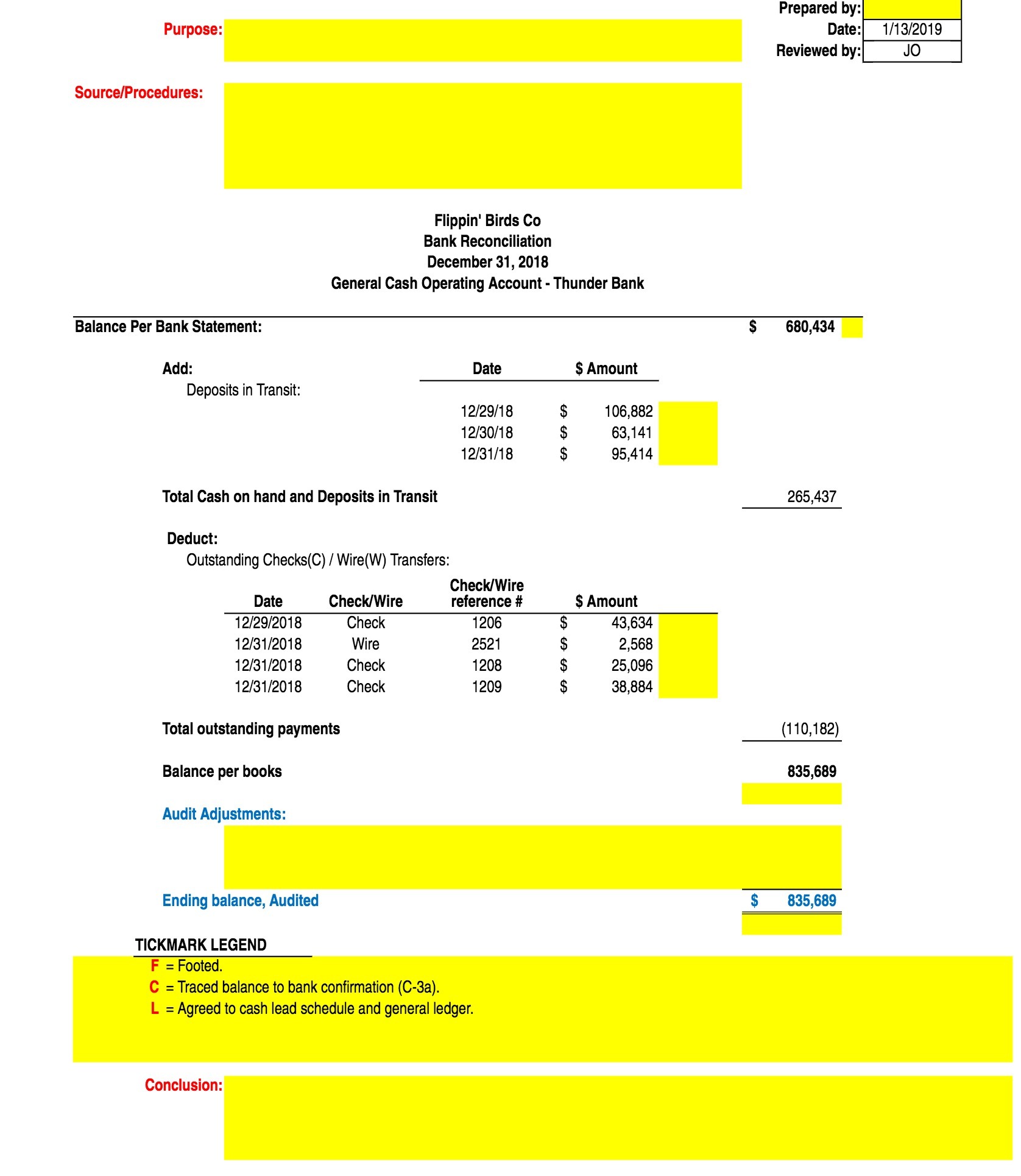 Birds Co Bank Reconciliation December 31, 2018 General Cash Operating Account -