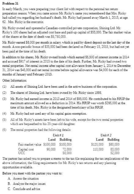  Problem 31 In early March, you were preparing your client list