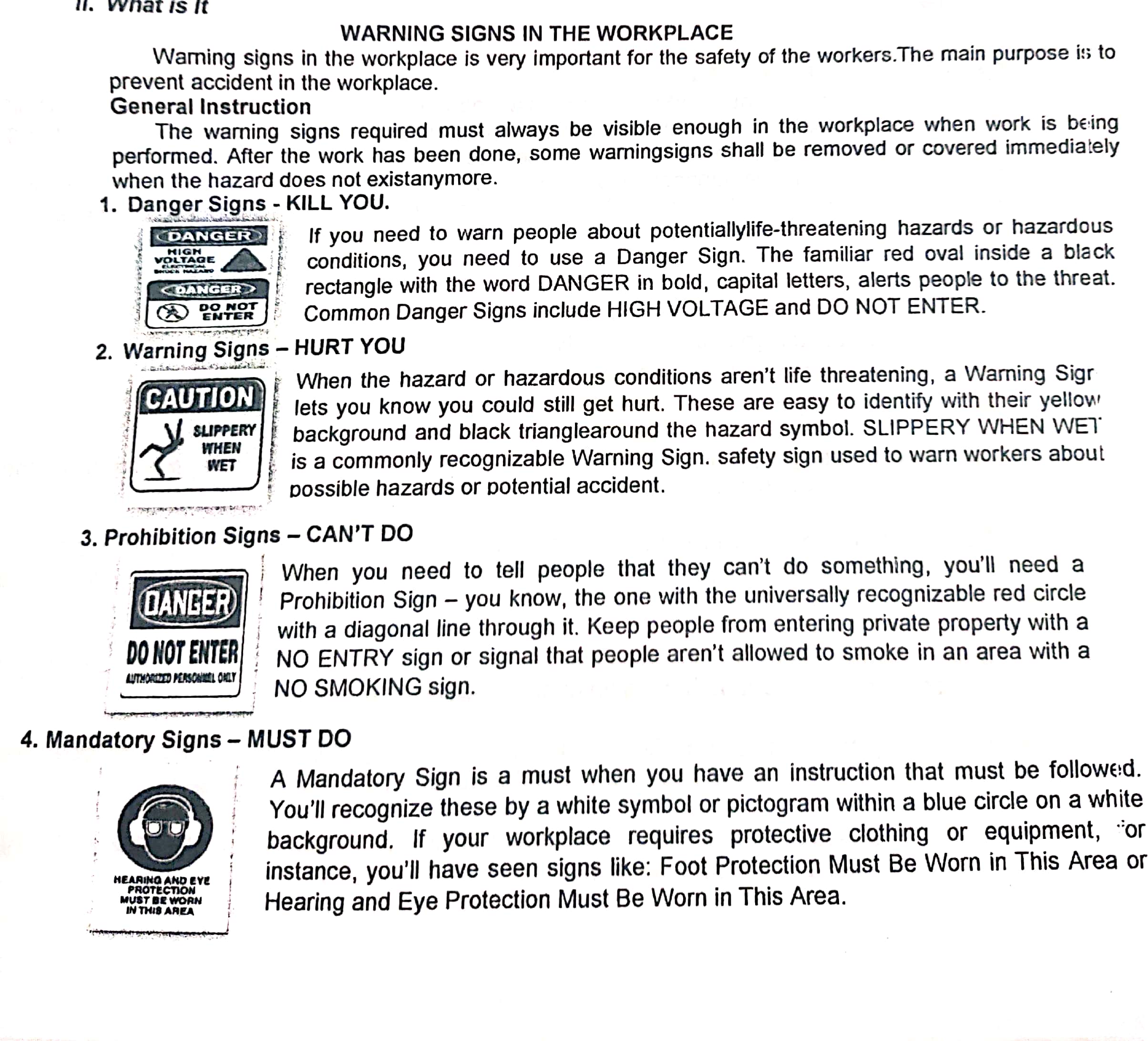 description of warning signs and PPE from the pictures inside the box