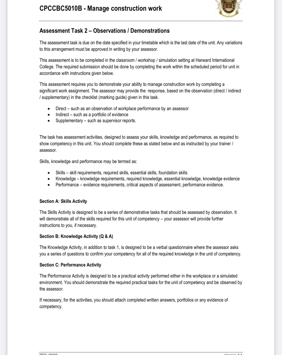 CPCCBCSMOB - Manage construction work 5' Assessment Task 2 - Observations
