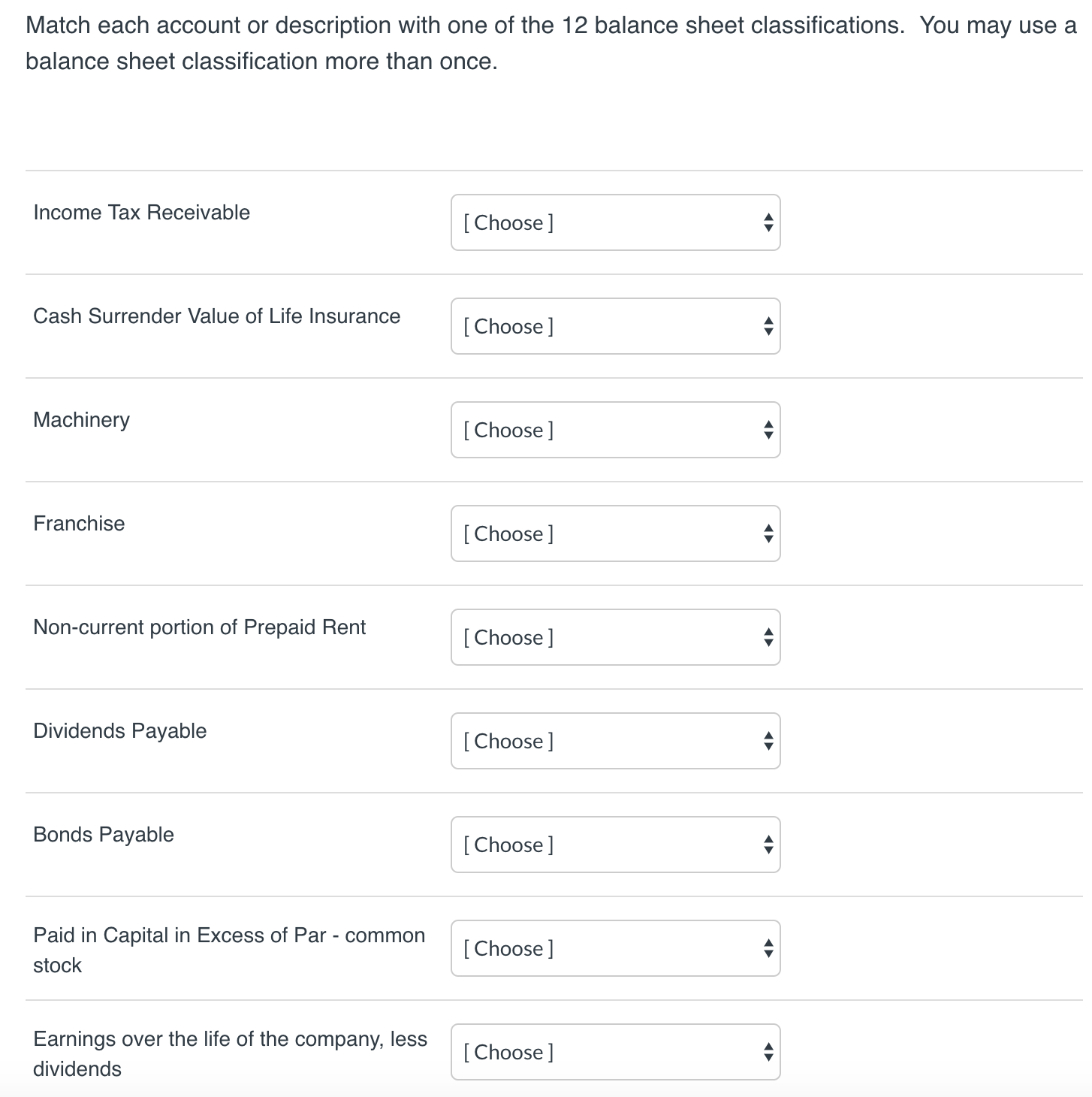 I need help with matching each account or description with one