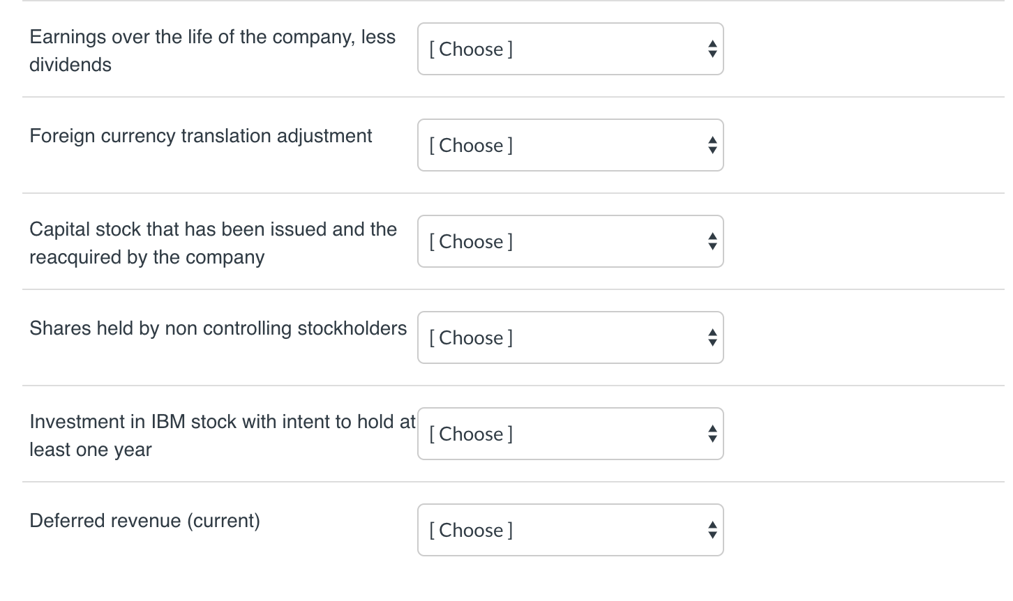 of the 12 balance sheet classifications. Match each account or description with