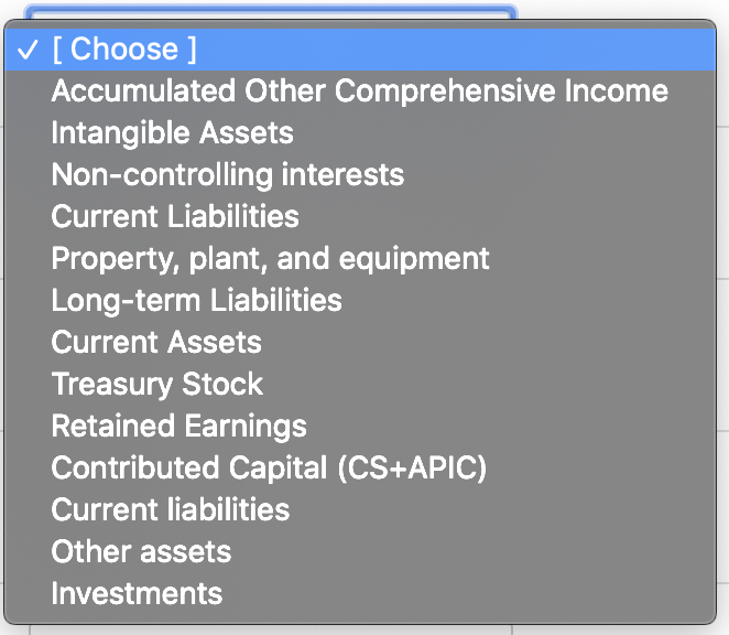 Rent [Choose] Dividends Payable [Choose] Bonds Payable [Choose] Paid in Capital in