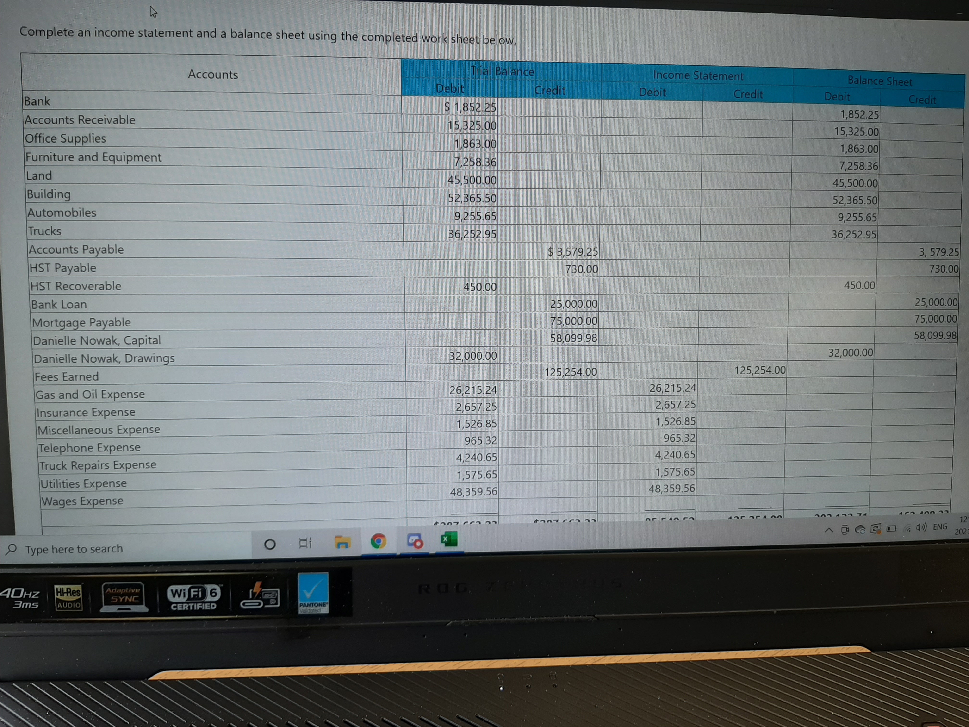 Complete an income statement and a balance sheet using the completed work
