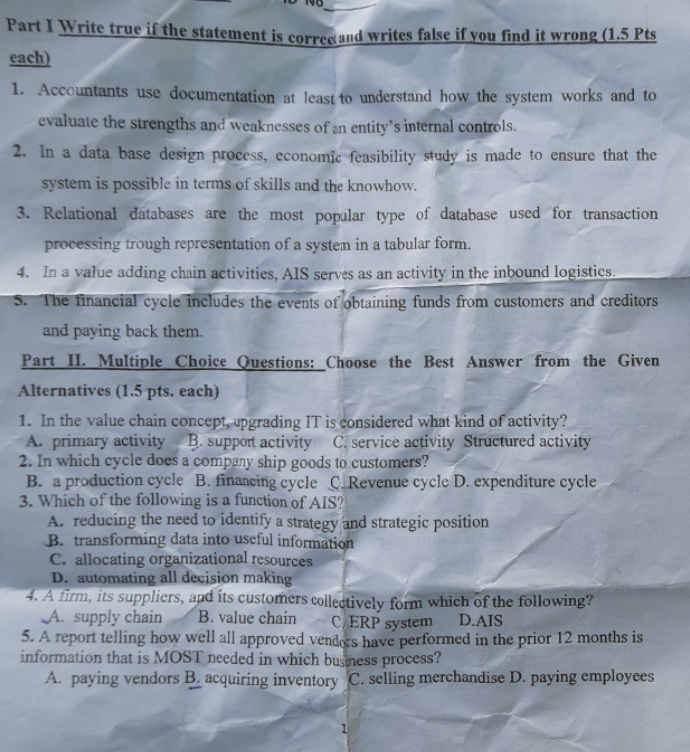 correct and writes false if you find it wrong (1.5 Pts each)