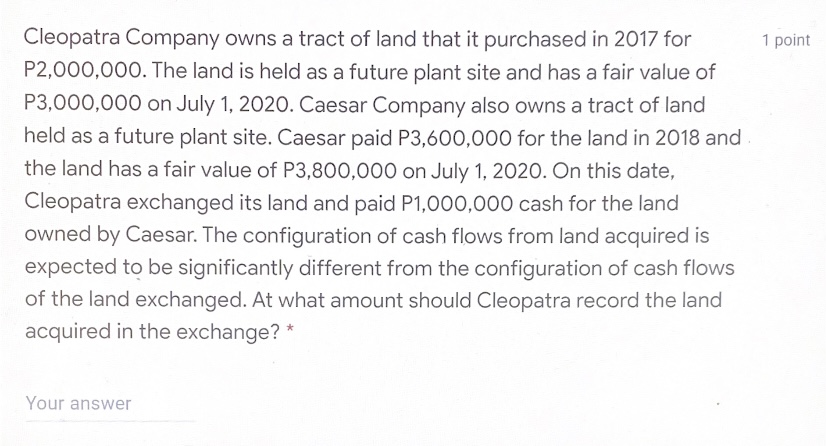Question: At what amount should cleopatra record the land acquired in