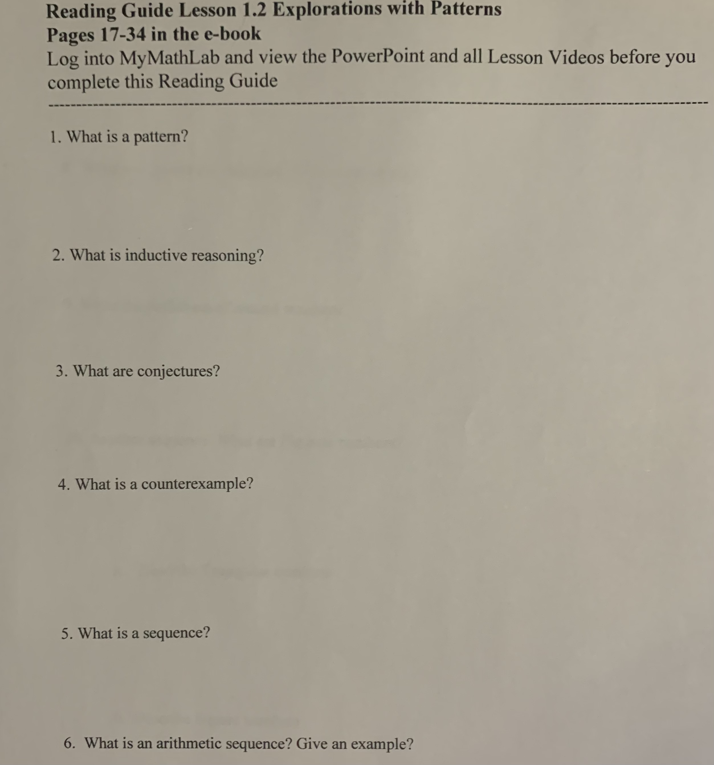 numbers b. Describe Square numbersReading Guide Lesson 1.2 Explorations with Patterns Pages