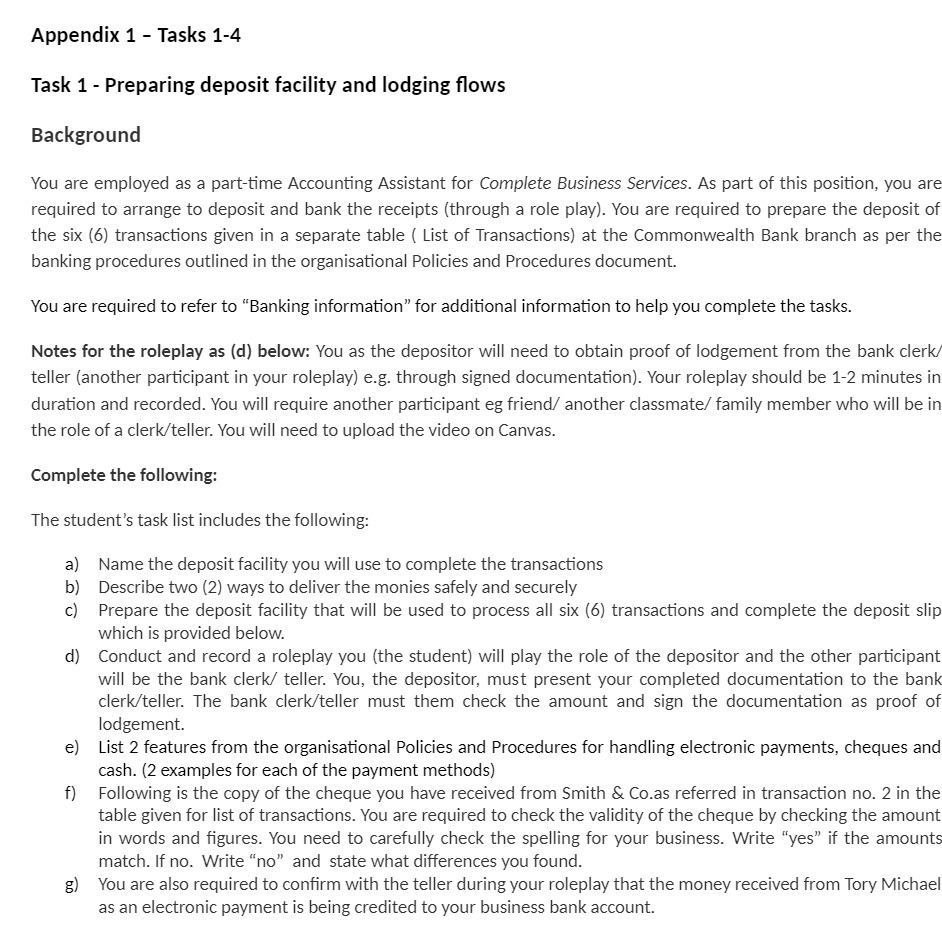  Appendix 1 Tasks 1-4 Task 1 - Preparing deposit facility and