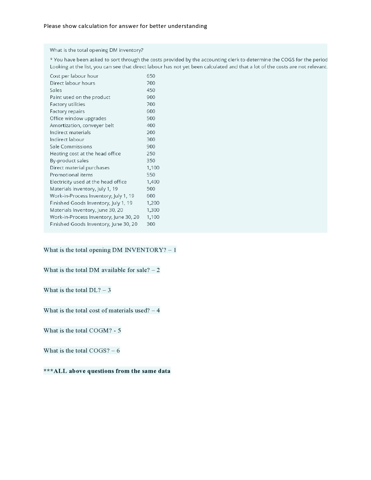 list, you can see that direct labour has not yet been calculated