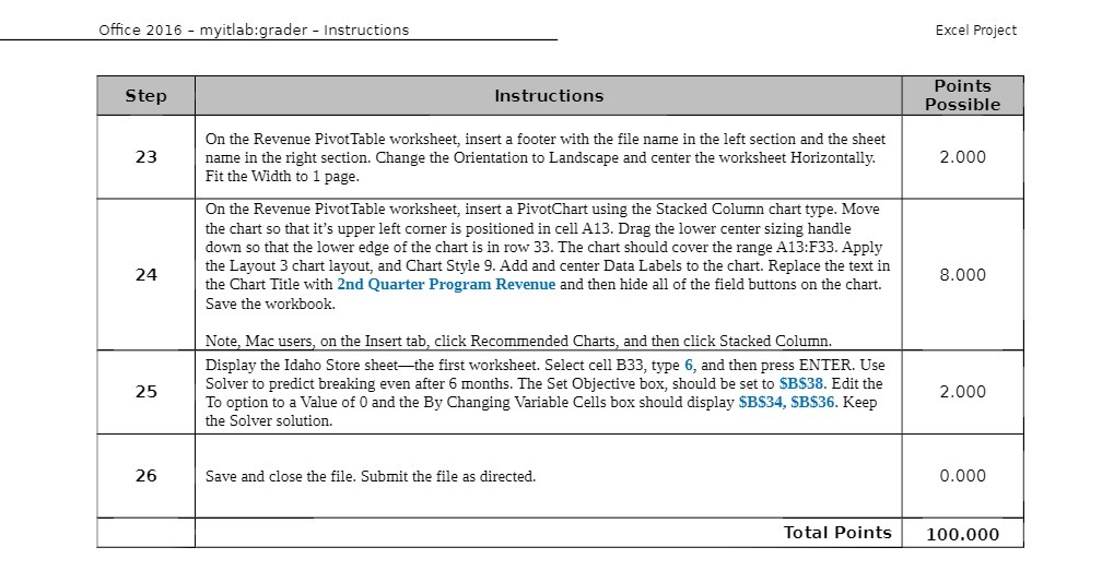 Office 2016 - myitlab:grader - Instructions Excel Project Step Instructions Points