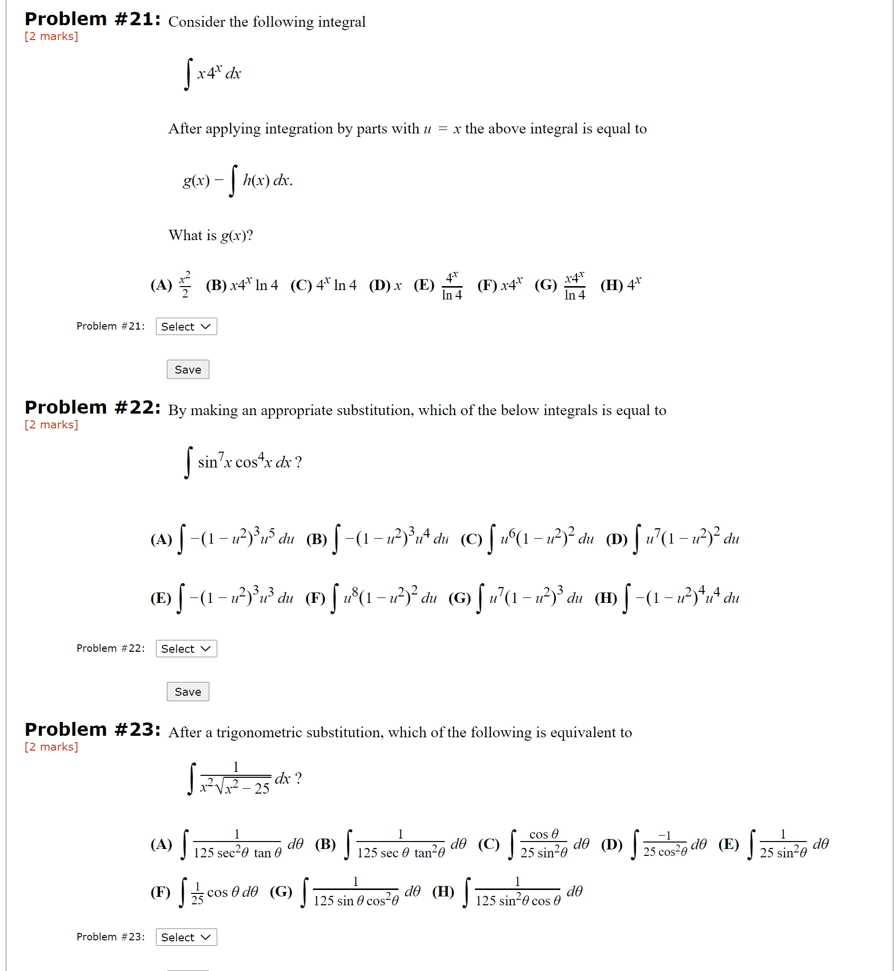  Problem #21: Consider the following integral [2 marks] After applying integration