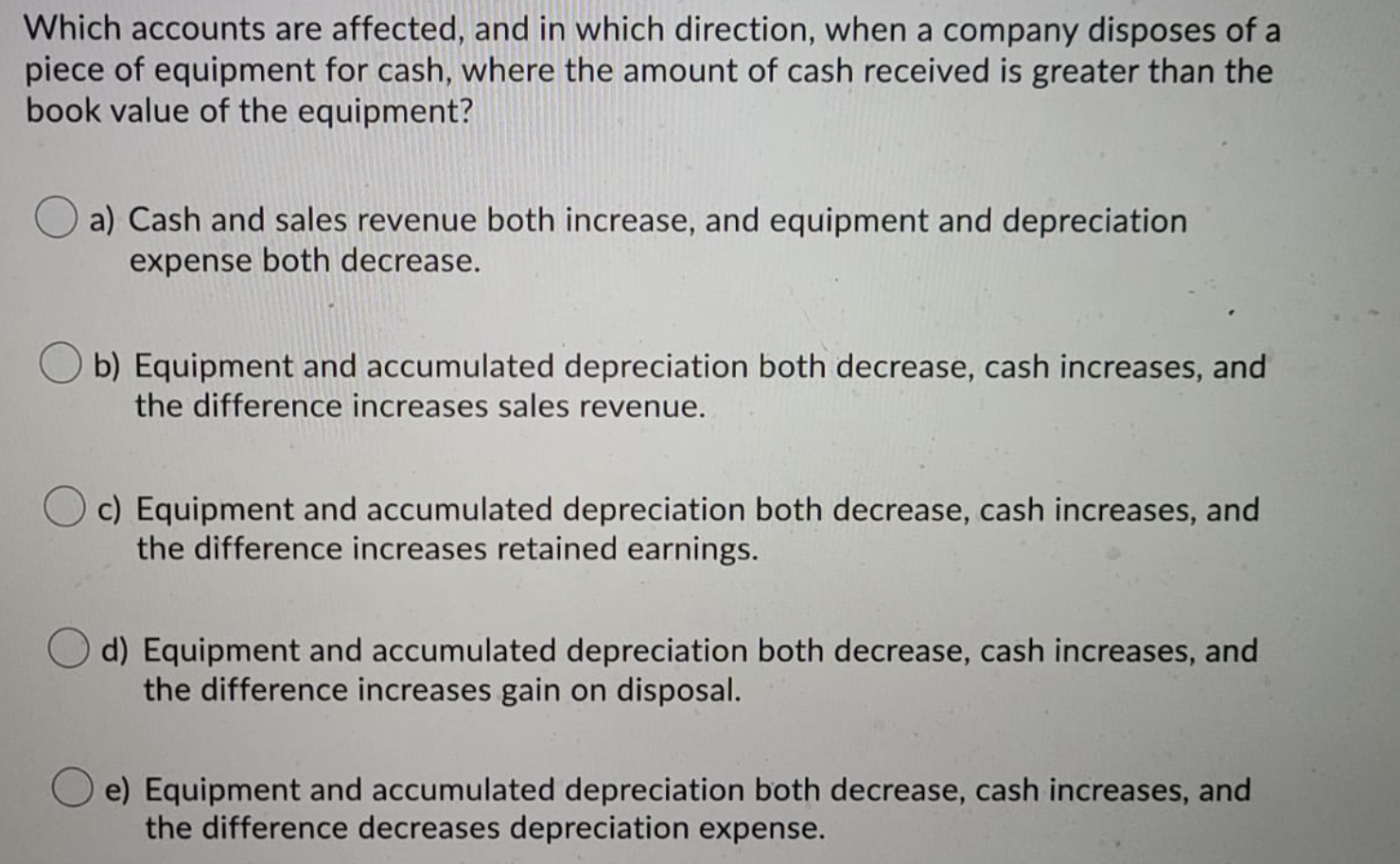 Oc) Equipment and accumulated depreciation both decrease, cash increases, and the difference