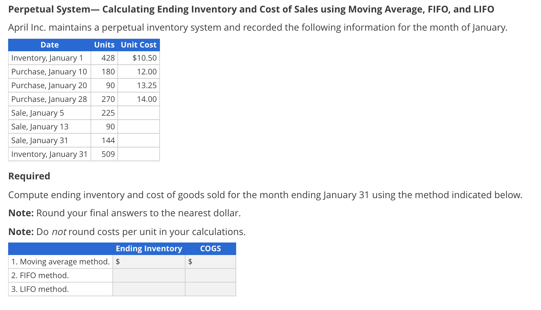 Practice problems for an upcoming test on lifo, fifo and other