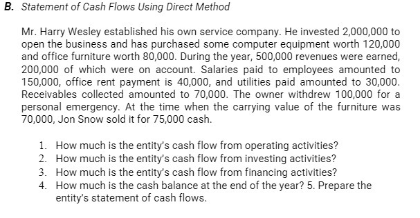 B. Statement of Cash Flows Using Direct Method Mr. Harry Wesley