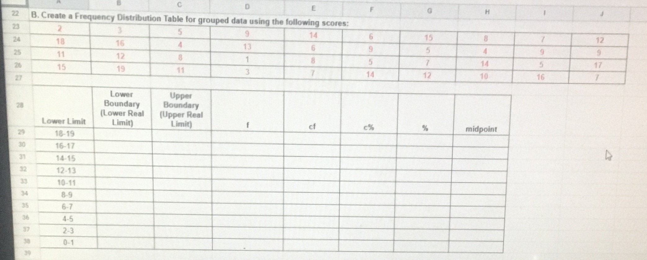  D E 22 G H B. Create a Frequency Distribution Table
