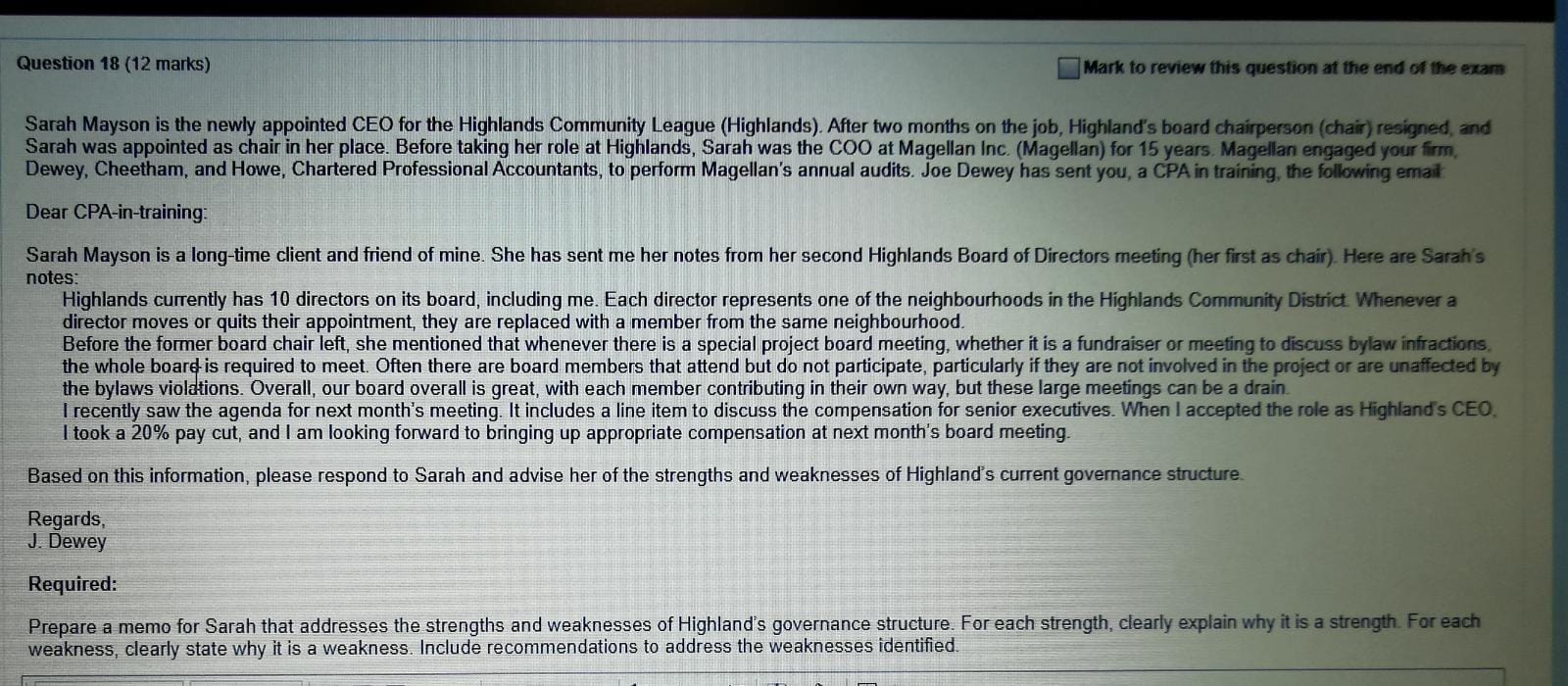 end of the exam Sarah Mayson is the newly appointed CEO for