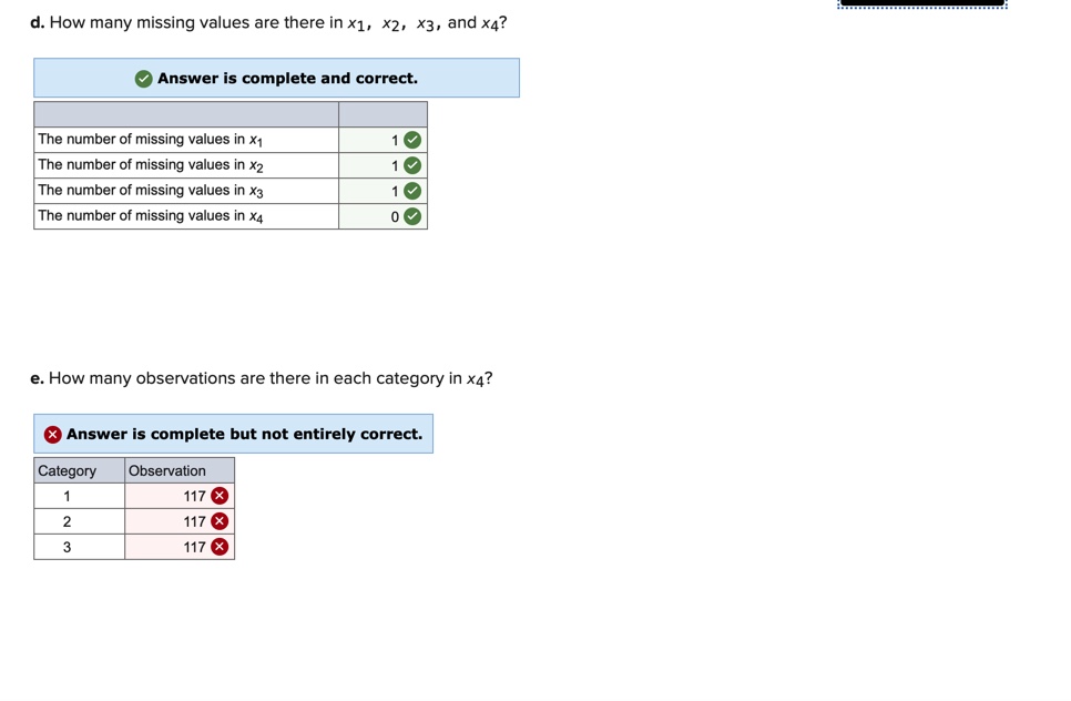 x Answer is complete but not entirely correct. Category Observation 117 X