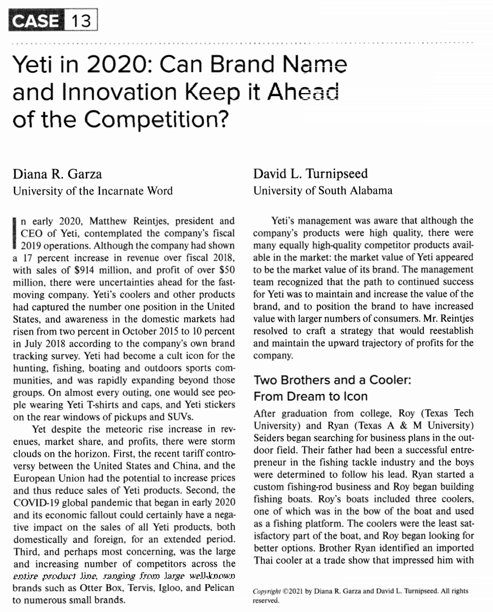 FOR THE ATTACHED CASE, ANSWER THE QUESTIONS FOR YETI CASE 13