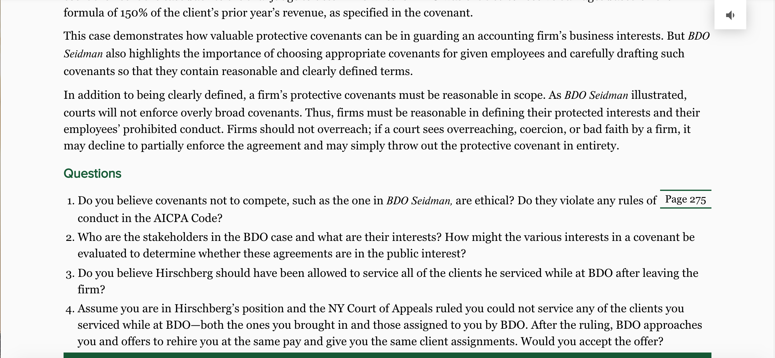 postemployment protective covenants concerned BDO Seidman v. Hirschberg, 93 N.Y.2d 382 (1999).