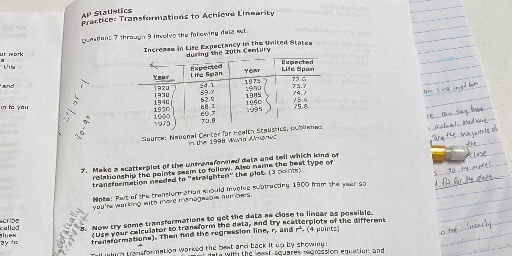 AP Statistics US SA practice: Transformations to Achieve Linearity Questions 7