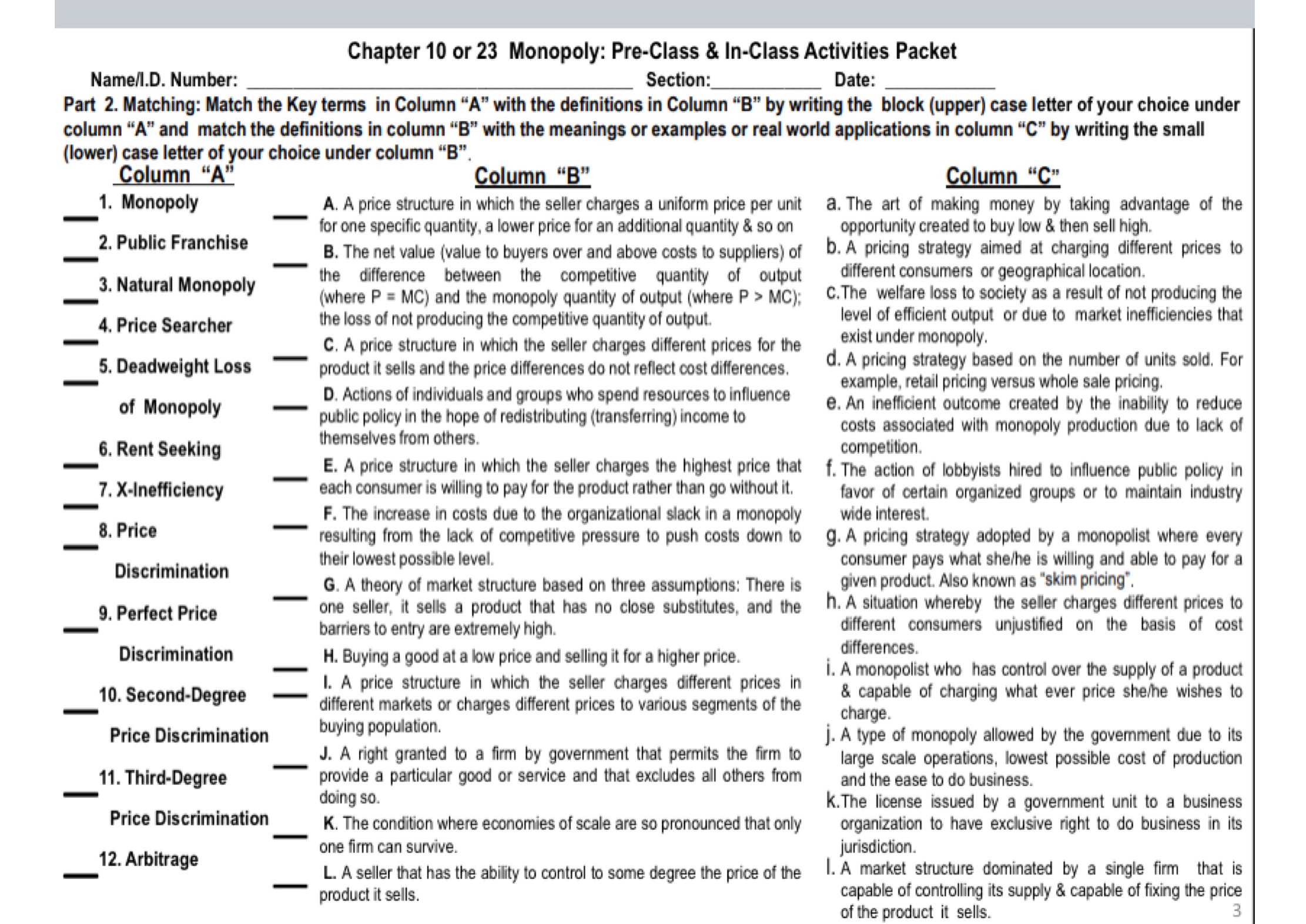 Chapter 10 or 23 Monopoly: Pre-Class & In-Class Activities Packet Name/I.D.