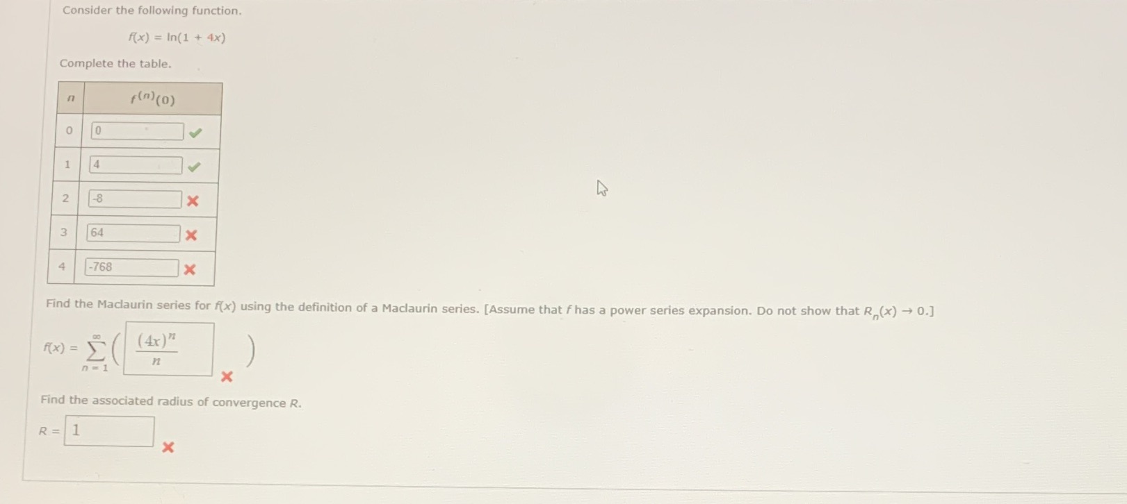  Consider the following function. f(x) = In(1 + 4x) Complete the