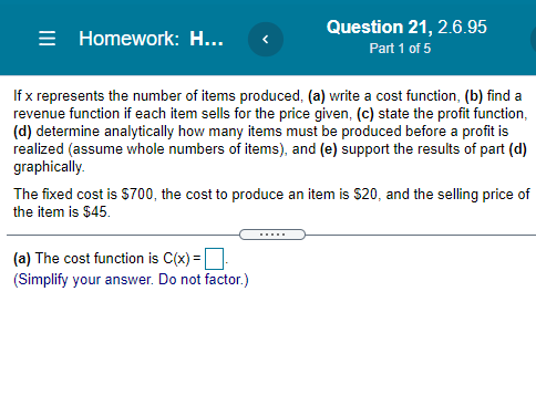 Homework: H... Question 21, 26.95 O Part 1 of5 If x represents