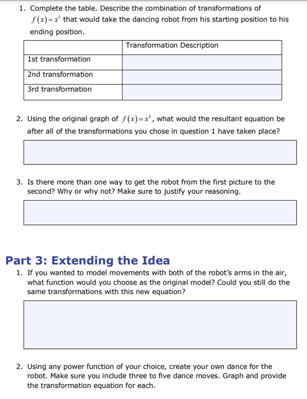 Dancing Robot Use the graph of f (x)=x and transformations to animate