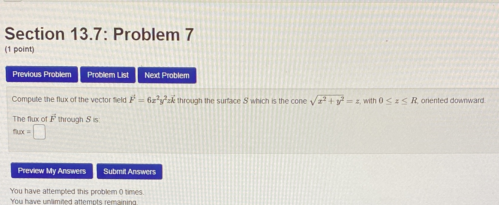  Section 13.7: Problem 7 (1 point) Previous Problem Problem List Next