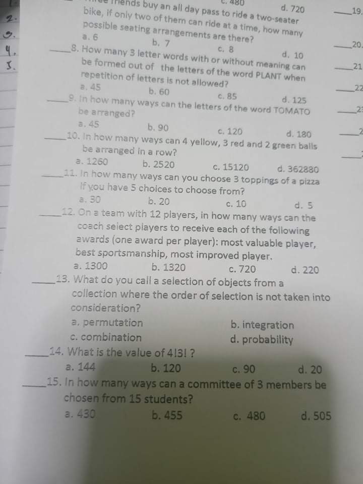 (9-7) 17. Which of the following situations does NOT illustrate d. 720