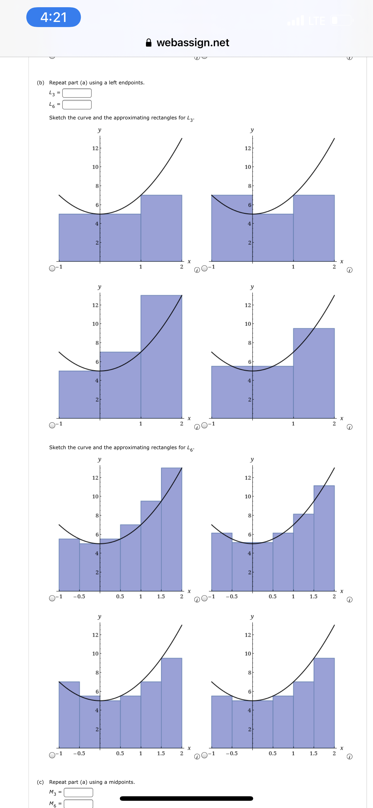 1 and x = 2 using three rectangles and a right endpoints.