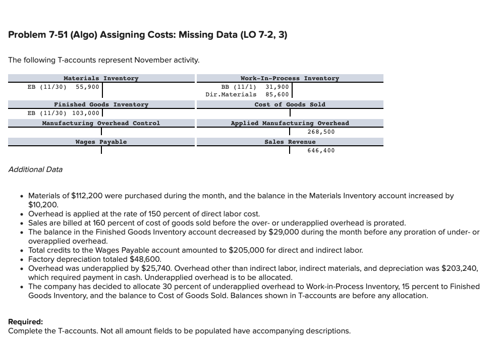  Problem 7-51 (Algo) Assigning Costs: Missing Data (LO 7-2, 3) The